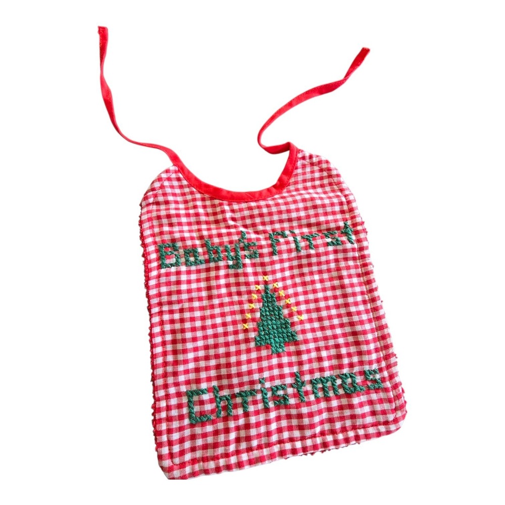 Vtg 80s Gingham Check Embroidered Cross Stitch Infant Bib Baby's First Christmas